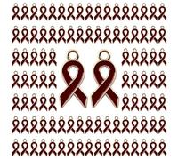 WANDIC 100 Pcs Burgundy Ribbon Pendants, Metal Multiple Myeloma Awareness Pendants Sickle Cell Anemia Charms for Necklace Earrings Making