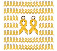WANDIC 100 Pcs Gold Ribbon Pendants, Metal Childhood Cancer Awareness Pendants Cancer Awareness Day Ribbon Charms for Necklace Earrings Making