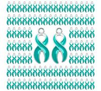 WANDIC 100 Pcs Teal Ribbon Pendants, 3D Alloy Cervical Cancer Awareness Ribbon Pendants Ovarian Cancer Charms for Necklace Earrings Making
