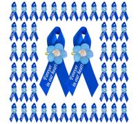 WANDIC 100Pcs Blue Satin Ribbon Pins with Forget Me Not Flower, Memorial Ribbon Brooches in Forever in Our Hearts Pins for Funeral Mourning Event