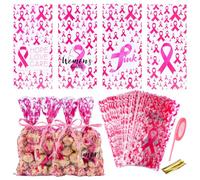 WANDIC 100PCS Cellophane Present Bags,4 Patterns Pink Ribbon Breast Cancer Design 27.5 * 12.5cm Wrapping Bags with Twist Ties Plastic for Candy Chocolates Party