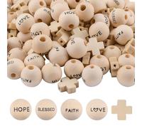 WANDIC 150 PCS Words Beads, Christian Wooden Cross Rosary Set Love Hope Blessed Faith Letter Bead for Home Wall Decoration Hanging DIY Crafts