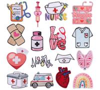 WANDIC 16 Pcs Nurse Day Theme Embroidered Patch Stickers Pill Heart Medical Iron on Decals Self Adhesive Applique for Clothes and Accessories Decoration
