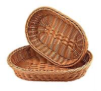 WANDIC 2 Pack Poly-Wicker Woven Baskets,Stackable Imitation Vine Bread Baskets Oval Wicker Tray for Food Display Vegetables Home Kitchen Restaurant Outdoor(Brown/2 Sizes)