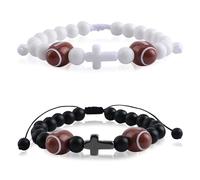 WANDIC 2 PCS Cross Prayer Bracelet Stretch Adjustable Bead Bracelet with Pull Rope Rugby Design Stone Handmade Jesus Prayer Presents for Men Woman