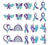 WANDIC 20 PCS Mixed Teal Purple Ribbon Charms Suicide Prevention Epilepsy Sexual Assault Awareness Alloy Pendants for DIY Jewelry Making Charity Craft Ornament Accessories