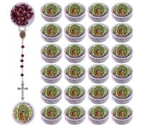 WANDIC 24PCS Bulk Red Scented Wooden Rosary Necklace with Cross Pendant, Catholic Rosarios with Round Storage Box for Baptism Favors and Communion Present