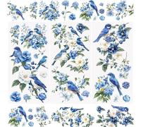 WANDIC 3 Sheets Birds Flowers Rub on Transfer Stickers Waterproof Vintage Blue Floral Transfer Decals Camellia Plant Stickers for Crafts Furniture DIY Crafts Decoration,15 * 30cm