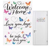 WANDIC 3 Sheets Colorful Butterfly Door Sign UV DTF Wraps Stickers,Welcome Home Slogan Rub on Transfers Furniture Stickers Waterproof Transfers Window Decals for Glass and DIY Crafts