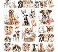 WANDIC 3 Sheets Dogs Flowers Rub on Transfer Stickers Waterproof Cosy Pooch Transfer Decals Puppy Animal Stickers for Crafts Furniture DIY Crafts Decoration,15 * 30cm