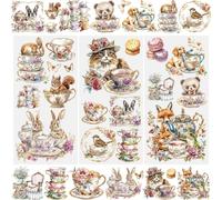 WANDIC 3 Sheets Rub On Transfer Stickers, Animal Tea Party Waterproof Decals Furniture Craft Decorative, Junk Journals for DIY Scrapbooking, 15 * 30cm