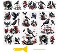 WANDIC 3 Sheets UV DTF Cup Warp Rub on Transfer Stickers, Gothic Crow Rose Theme 3D Waterproof Decals for DIY Glass Water Bottle Furniture Crafts,15 * 30cm