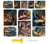 WANDIC 3 Sheets UV DTF Rub on Transfer Stickers for Craft,Dragon and Magic Book Theme Cup Warp Waterproof Decals Retro Decorative Transfers for Journal Cards Furniture Glass Wood DIY Crafts,15 * 30cm