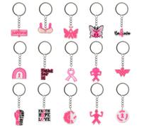 WANDIC 30 PCS Pink October Keychain, Pink Ribbon Breast Cancer Awareness Theme Keychain Keyring 15 Styles Designs Soft Gel Material, for Charity Event Decoration