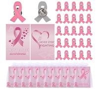 WANDIC 30 Sets Pink October Brooches, Pink Ribbon Breast Cancer Awareness Pin Metal Badges with Encouragement Card Individual Mesh Pouch Portable, for Event Decoration