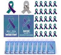 WANDIC 30 Sets Teal&Purple Ribbon Brooches,Preventing Suicide Sexual Assault Awareness Badges Metal Badge Pins with Paper Card Individual Mesh Bags,for Commemorative Activity