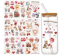 WANDIC 3Sheets Rub On Transfers for Crafts, Valentine's Day Cartoon Animals UV DTF Cup Wrap Waterproof Cold Transfers Stickers for Tumblers Mirrors