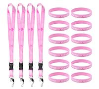 WANDIC 4 Pcs Pink Ribbon Neck Lanyards & 12 Pcs Silicone Pink Ribbon Wristbands Breast Cancer Awareness Lanyard Straps Badge Card Holder For Keychain ID Badge