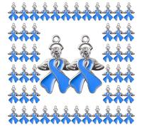 WANDIC 50 Pcs Blue Ribbon Pendants with diamond, Alloy Colon Cancer Awareness Charms with Wings Ribbon Charms Accessories for Jewelry Making