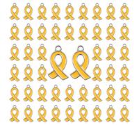 WANDIC 50 Pcs Gold Ribbon Pendants, Metal Childhood Cancer Awareness Pendants Cancer Awareness Day Ribbon Charms for Necklace Earrings Making