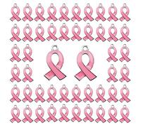WANDIC 50 Pcs Pink Ribbon Pendants, Breast Cancer Awareness Charms Alloy Awareness Pink Ribbon Charms Enamel Pin Pendants for Jewelry Making