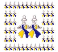 WANDIC 50Pcs Blue&Yellow Ribbon Pendants with Diamond, Down Syndrome Awareness Charms with Angel Wings for DIY Bracelet Necklace Jewelry Making