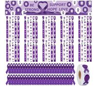 WANDIC 50PCS Purple Ribbon Pin Set,Alzheimer's Domestic Violence Awareness Ribbon Set with 1PC Sticker Roll Large Personalised Banner 50PCS Adjustable Polyester Bracelet