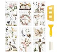 WANDIC 6 Pcs Cross&Church Rub On Transfer Sticker,Bible Stickers Flower Garland Decals for Present Packaging DIY Scrapbooking Photo Albums Furniture,15 * 30cm