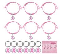 WANDIC 6 Sets October Pink Adjustable Rope Bracelets Women, Breast Cancer Drawstring Bracelet Pink Ribbon Metal Keychain for October Decoration Event Souvenir