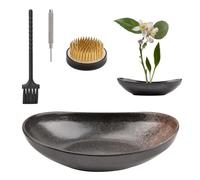 WANDIC Brown Black Flower Arranger Supplies, Ingot Shaped Bowl & 5cm Floral Frog for Ikebana Ceramic Floral Vase Plant Arranging Floristry Container