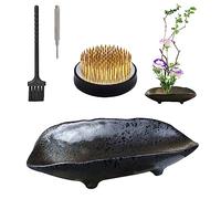 WANDIC Flower Arranging Supplies, Boat shaped Ceramic ikebana vases with 4cm Round Flower Frog for Ikebana Floral Arrangement Art Home Decoration, Black Spotted