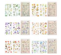 WANDIC Flower Rub On Stickers, 6 Styles 12 Sheets Natural Plant Decals with 12 Sheets Cottons Waterproof Transparent Stickers for Diary Notes Wall Water Cup Scrapbook Craft Journal