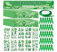 WANDIC Green Ribbon Awareness Kit, 30PCS Ribbon Pins 30PCS Bottle Labels 10 Sheets Temporary Tattoo 1 Large Banner 25yds Ribbon for Liver Cancer Mental Health