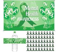 WANDIC Green Ribbon Kit，Green Ribbon Backdrop Banner 50PCS Water Bottle Labels and 50PCS Green Awareness Brooches Kit for Mental Health Awareness