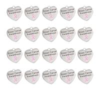 WANDIC Pink Ribbon Silvery Heart Shaped Pendants, 20Pcs Breast Cancer Awareness Alloy Charms for Jewelry Making Public Benefit Activities