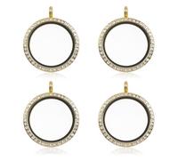 WANDIC Rhinestone Photo Charm, 4 Pcs Gold Color Round Crystal Photo Pendant Bridal Wedding Bouquet Charms Memory Locket for 2 Pictures (4 Pcs Gold)