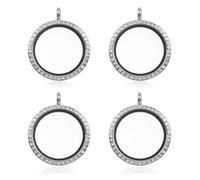 WANDIC Rhinestone Photo Charm, 4 Pcs Silver Color Round Crystal Photo Pendant Bridal Wedding Bouquet Charms Memory Locket for 2 Pictures (4 Pcs Silver)