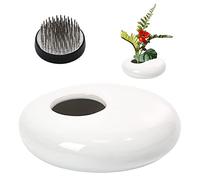 WANDIC Round Flower Frog & Ceramic Flower Pot Shiny White Pebble Flower Arrangement Kit for Ikebana Floral Art Home Office Decoration