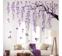 WandSticker4U - [Extra Large] Wall Sticker Tree XXL Cherry Blossom Tree in Purple (143 x 112 cm) I Watercolour Wall Sticker Hanging Flowers Flowers Birds I Wall Sticker Living Room Bedroom Adults