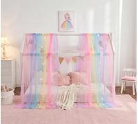 WANFASO Girls House Bed Canopy Rainbow Canopy Double Bed with Lights Princess Sheer Scarf