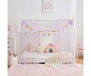 WANFASO House Bed Canopy for Girls, Rainbow Tie-Dye Canopy Bed Curtains Twin with Lights, Princess Sheer Bed Canopy Scarf for Girls Room Decor (2 Panel)