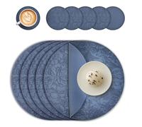 Wanfolle Round Placemats and Coasters Set of 6, Floral Leather Table Place Mats 34cm Dual Sided Non-Slip Heat Resistant Kitchen Coffee Table Mats Washable Dark Blue
