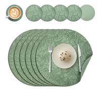 Wanfolle Round Placemats and Coasters Set of 6, Floral Leather Table Place Mats 34cm Dual Sided Non-Slip Heat Resistant Kitchen Coffee Table Mats Washable (Green)