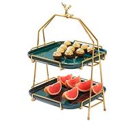 WANGCAIER Rectangle 2 Tiers Cake Stand Ceramics Display Tray Fruit Plate Dessert Rack Cupcake Stand Party Food Serving Holder,Green