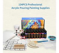 Wangcmcol Acrylic Pouring Paint Set with Tools, for Beginners and Artists, Complete Kit with 32 Colors, Silicone Oil, Glitter Flakes, Brushes, Palette, Canvas Board, Ideal f