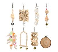 Wangcmcol for Parrots, Handmade Bird Toys Set of 8, for Cage Climbing Chewing Exercise, Wood Straw Luffa, Non- Safe, with Removable Hooks for Easy Installation