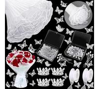 Wangdaqi 155-piece bouquet wrapping paper with scalloped mesh, crinkle ribbon, butterfly embellishment, silver crown ribbon and brooch