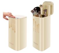 WANGDAWING Makeup Brush Holder with Lid, One Touch for Open, Automatic Lifting Waterproof Dustproof Make Up Organizer for Vanity Bathroom (Yellow)