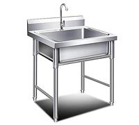 WANGFENG Silver Hand Wash Sink, Stainless Steel Hand Sink Commercial Kitchen Basin Hand Catering with Faucet Hand Washing Basin for Kitchen Restaurant and Home, 50x50x80cm