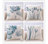WANGG Set of 4 blue flower Cushion Covers 40 X 40 cm Linen Cotton Pillowcase Square Throw Pillow Covers Decorative Cushion Covers for Sofa, Couch, Bed, Bench